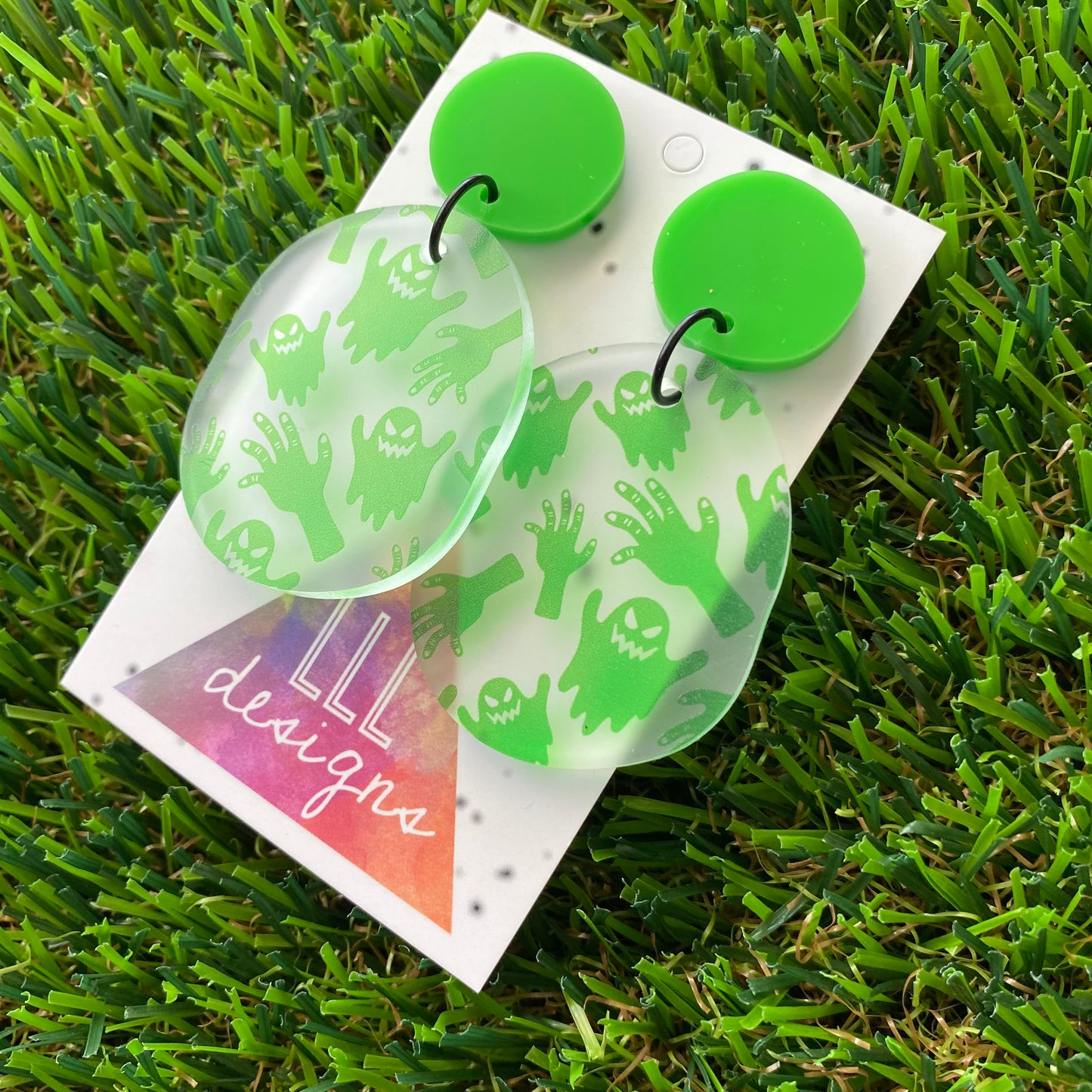 Ghouls & Ghosts Frosted Neon Green Pebble Dangle Earrings - Featuring Black Jump Rings.