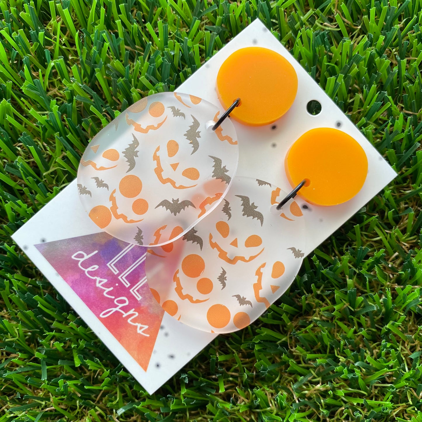 Jack O'Lantern & Bats Frosted Matte Pumpkin Orange Pebble Dangle Earrings - Featuring Black Jump Rings.