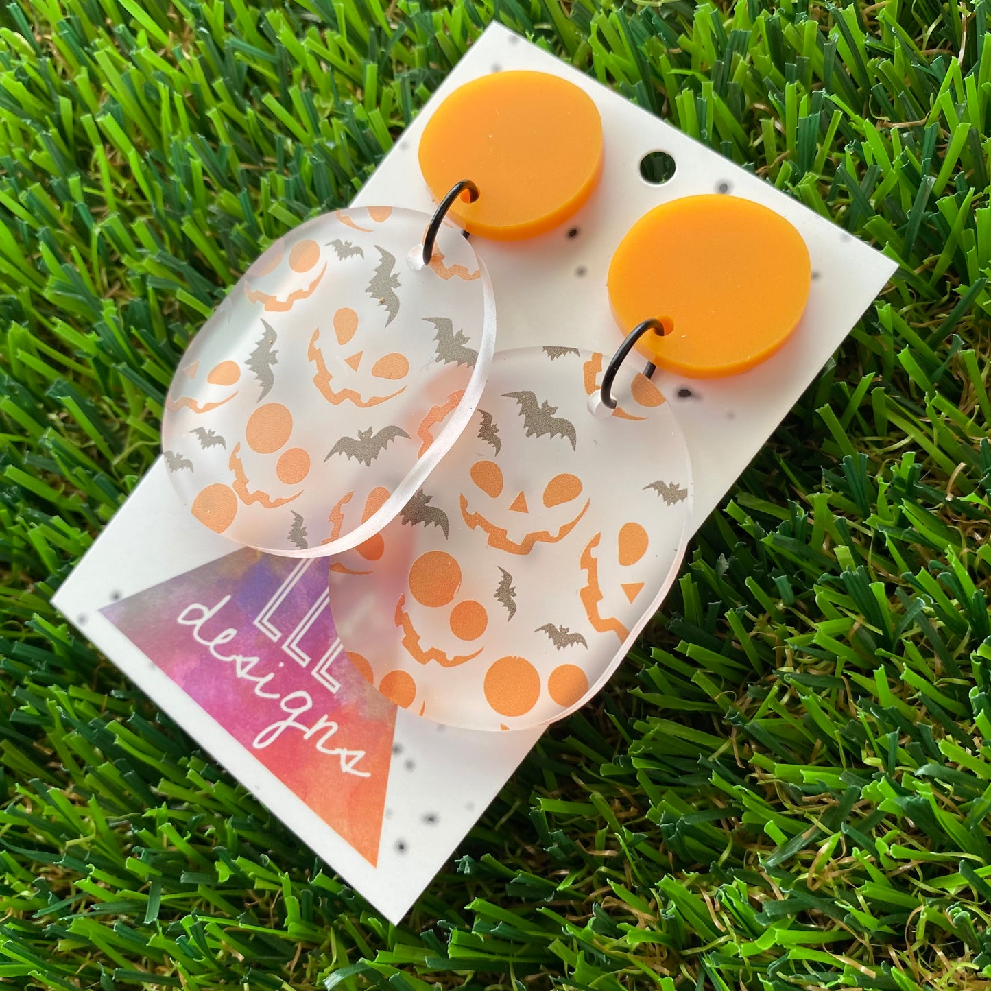 Jack O'Lantern & Bats Frosted Matte Pumpkin Orange Pebble Dangle Earrings - Featuring Black Jump Rings.