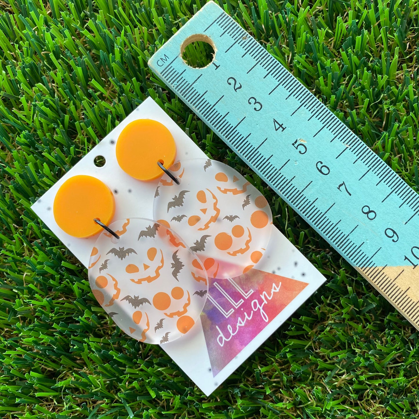 Jack O'Lantern & Bats Frosted Matte Pumpkin Orange Pebble Dangle Earrings - Featuring Black Jump Rings.