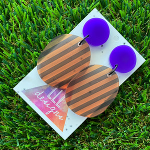 Frosted Matte Pumpkin Orange & Black Striped Pebble Dangle Earrings - Featuring Black Jump Rings and Purple Tops to make them POP!