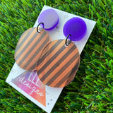 Frosted Matte Pumpkin Orange & Black Striped Pebble Dangle Earrings - Featuring Black Jump Rings and Purple Tops to make them POP!