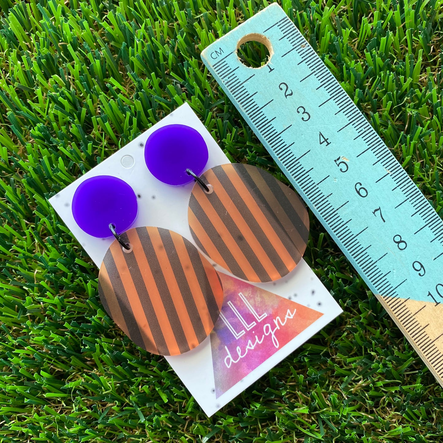 Frosted Matte Pumpkin Orange & Black Striped Pebble Dangle Earrings - Featuring Black Jump Rings and Purple Tops to make them POP!