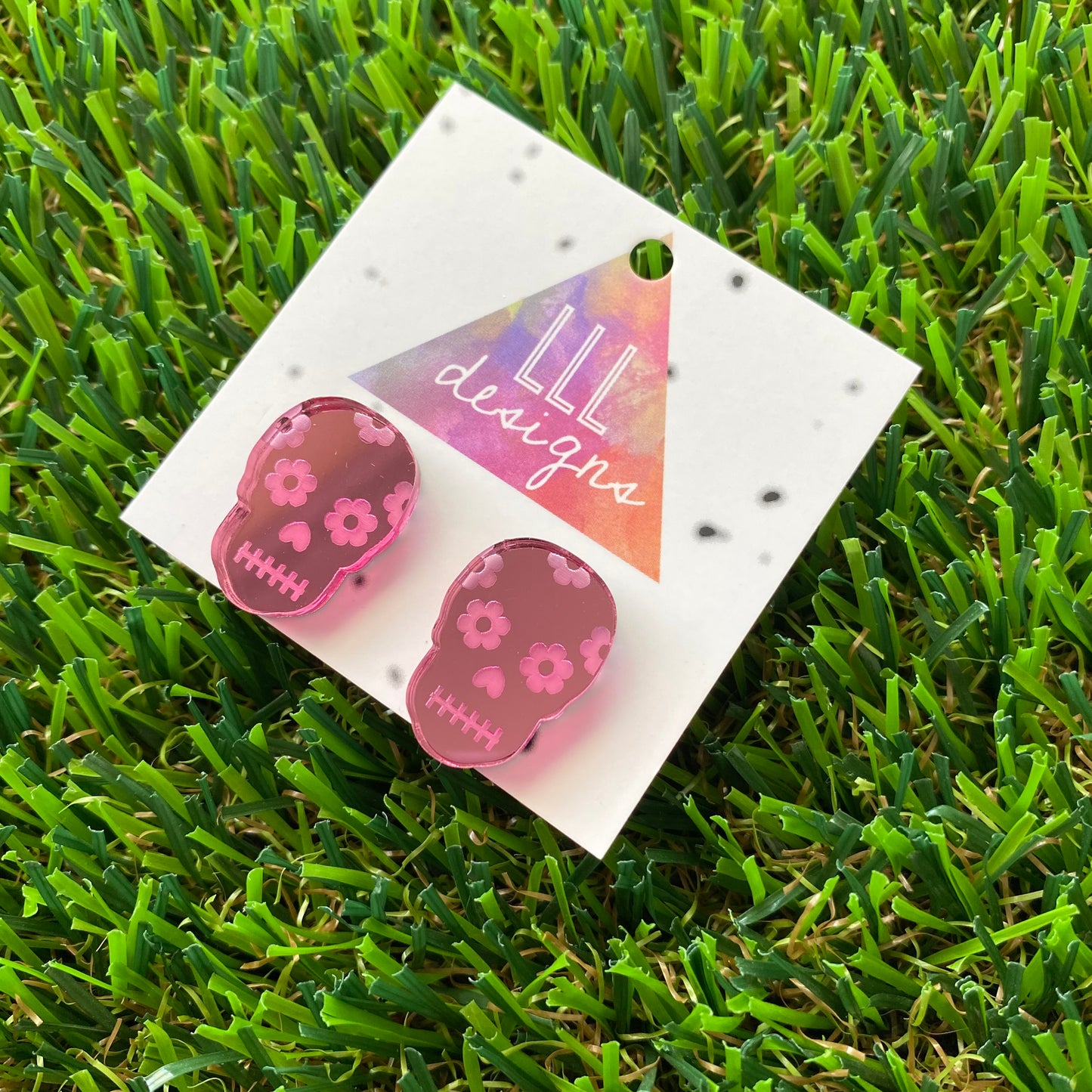Sugar Skull Stud Earrings - Pink Mirror Sugar Skull Stud Earrings.
