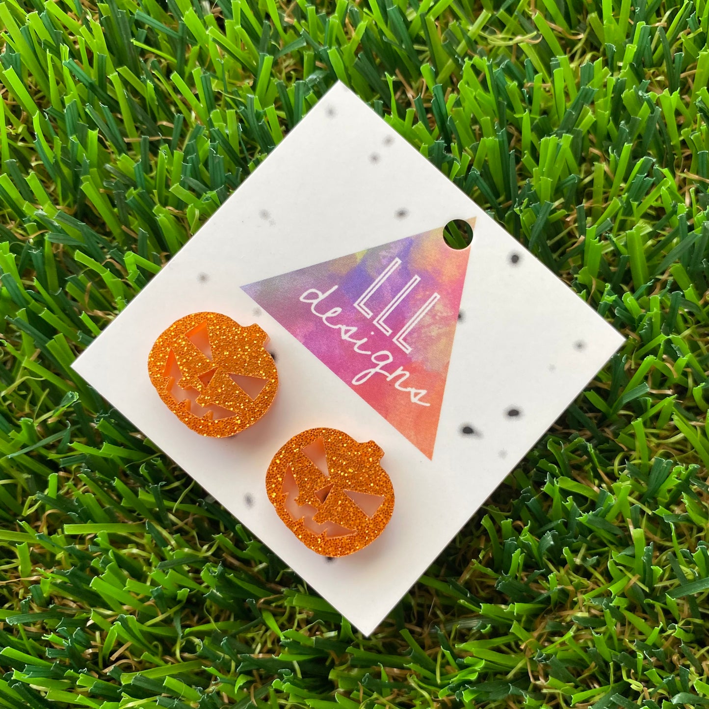 Jack O Lantern Stud Earrings - Orange Glitter Pumpkin Stud Earrings.
