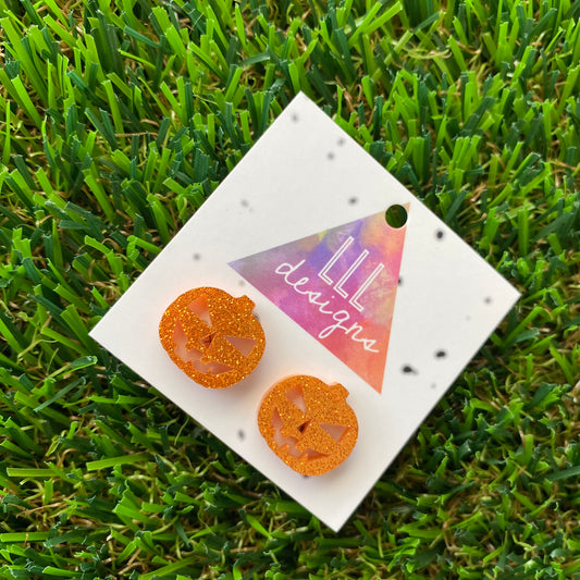 Jack O Lantern Stud Earrings - Orange Glitter Pumpkin Stud Earrings.