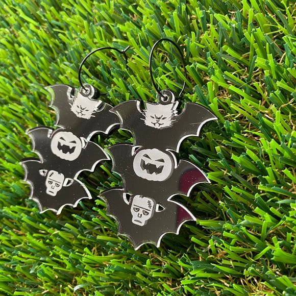 Bat Earrings - Stacked Trio of Spooky Halloween Bats - Hoop Earrings.
