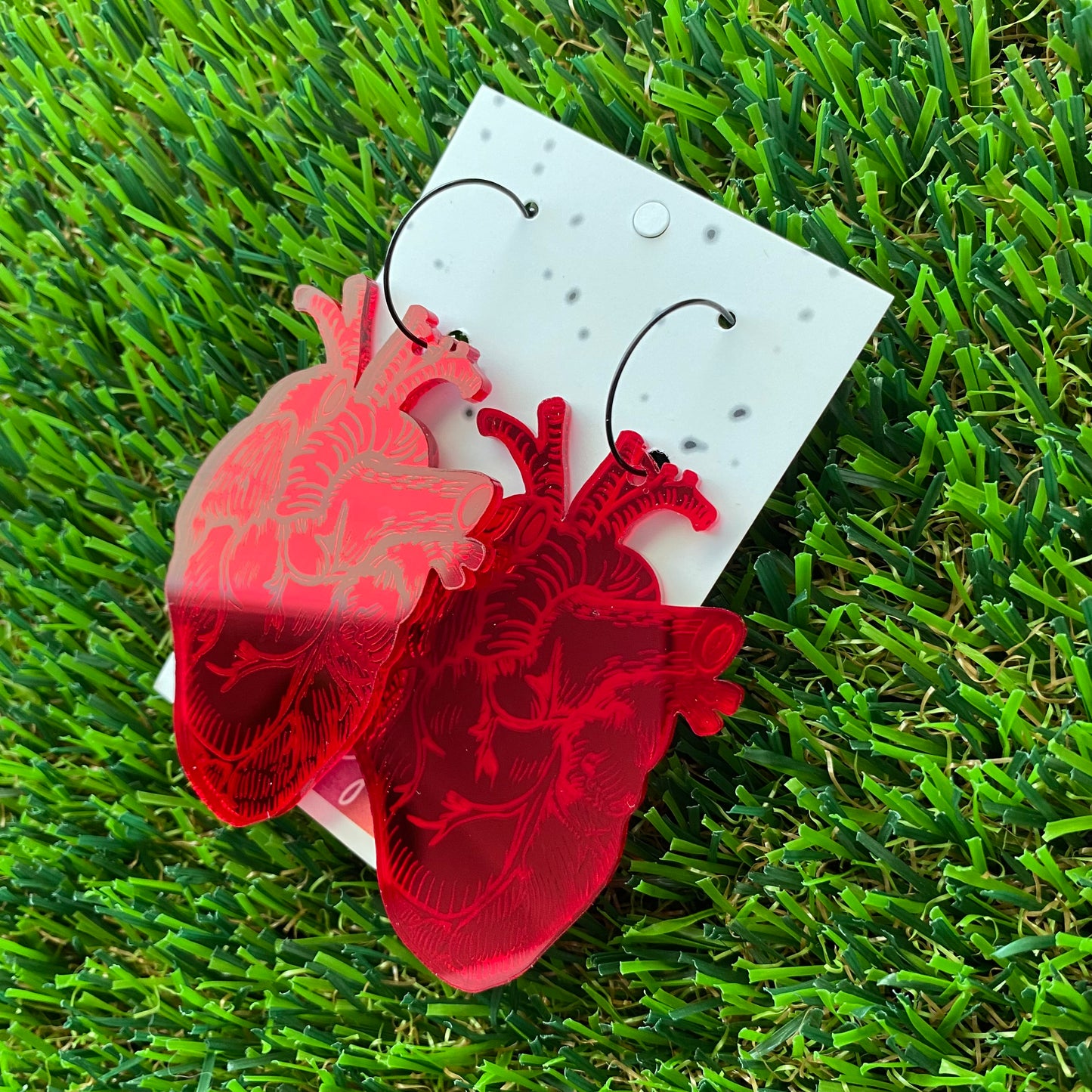 Blood Red Mirror Anatomical Heart Dangle Earrings - Available in 2 Style Options.