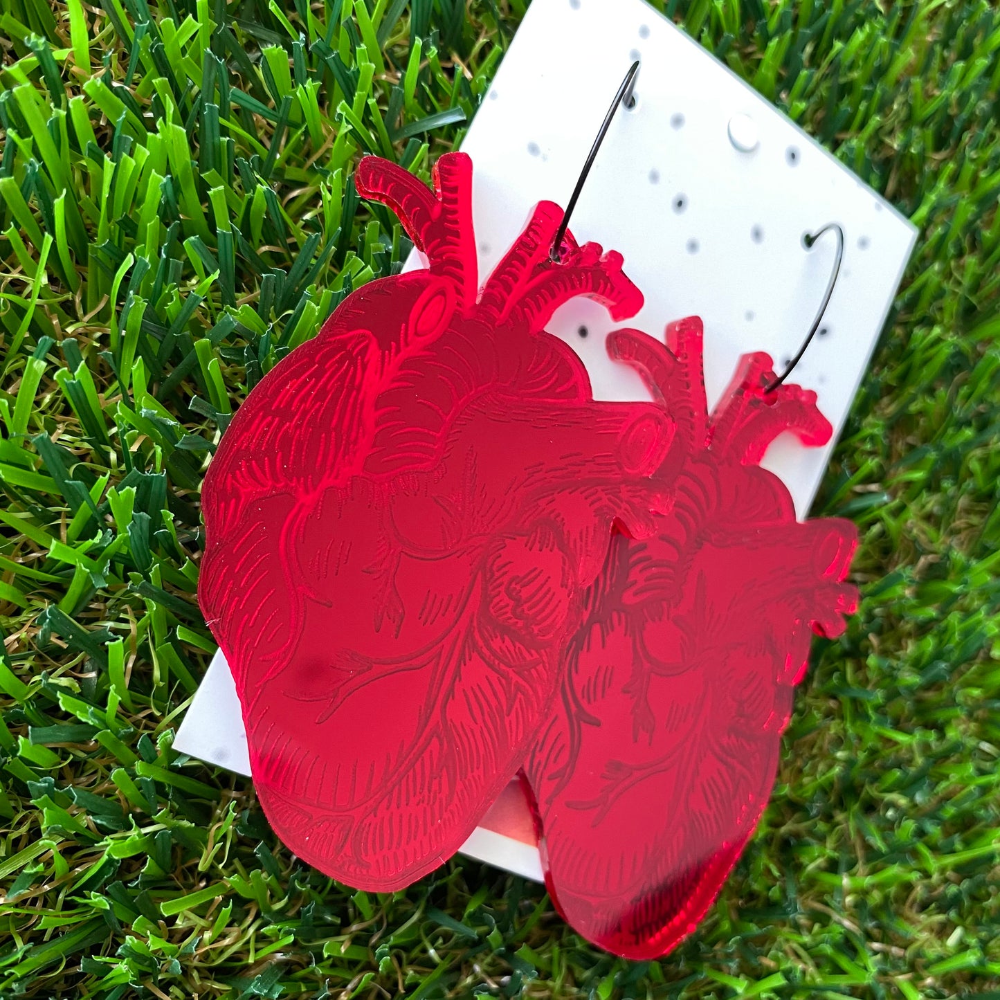 Blood Red Mirror Anatomical Heart Dangle Earrings - Available in 2 Style Options.