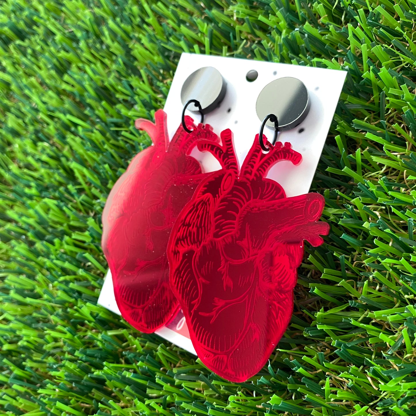 Blood Red Mirror Anatomical Heart Dangle Earrings - Available in 2 Style Options.