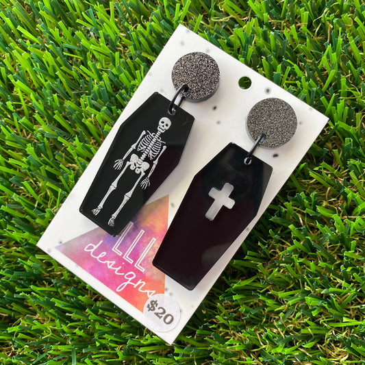 Open Casket Coffin Dangle Earrings - Featuring Black Jump Rings and Glitter Black Tops to make them POP!