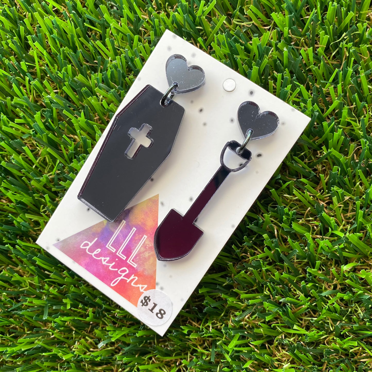 Grave Digger Smoke Mirror Dangle Earrings - Featuring Heart Shaped Tops to make them POP!