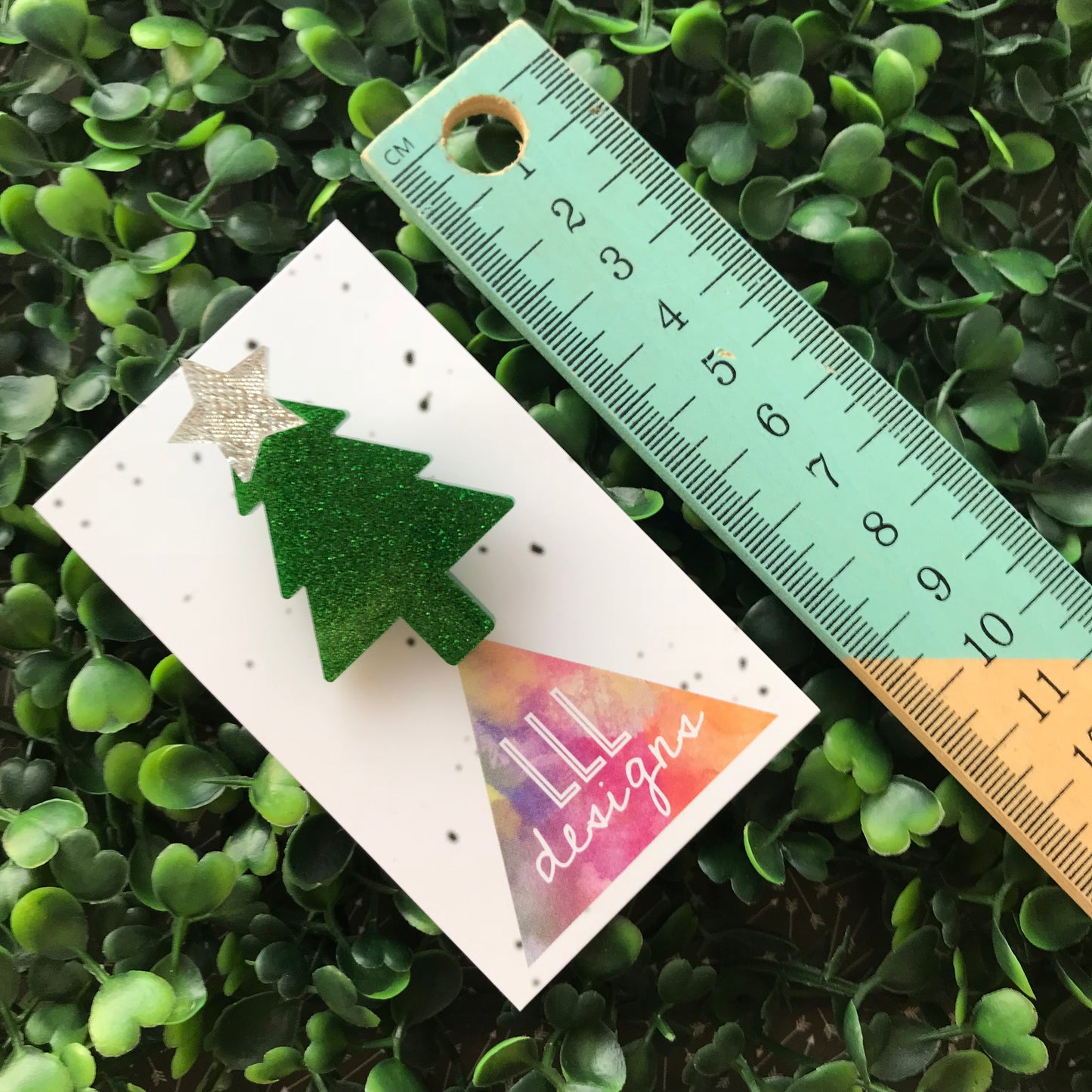 Glitter Green Christmas Tree Brooch with Silver Star Topper.