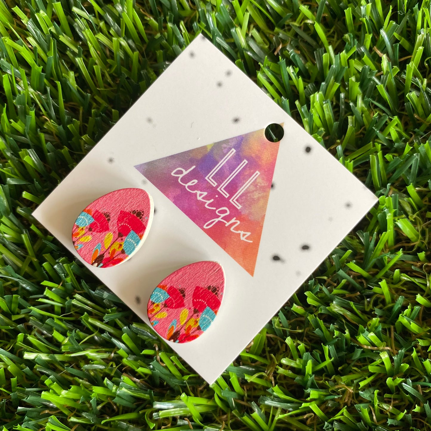 Carnival of Flowers - Printed Tear Drop Timber Stud Earrings.