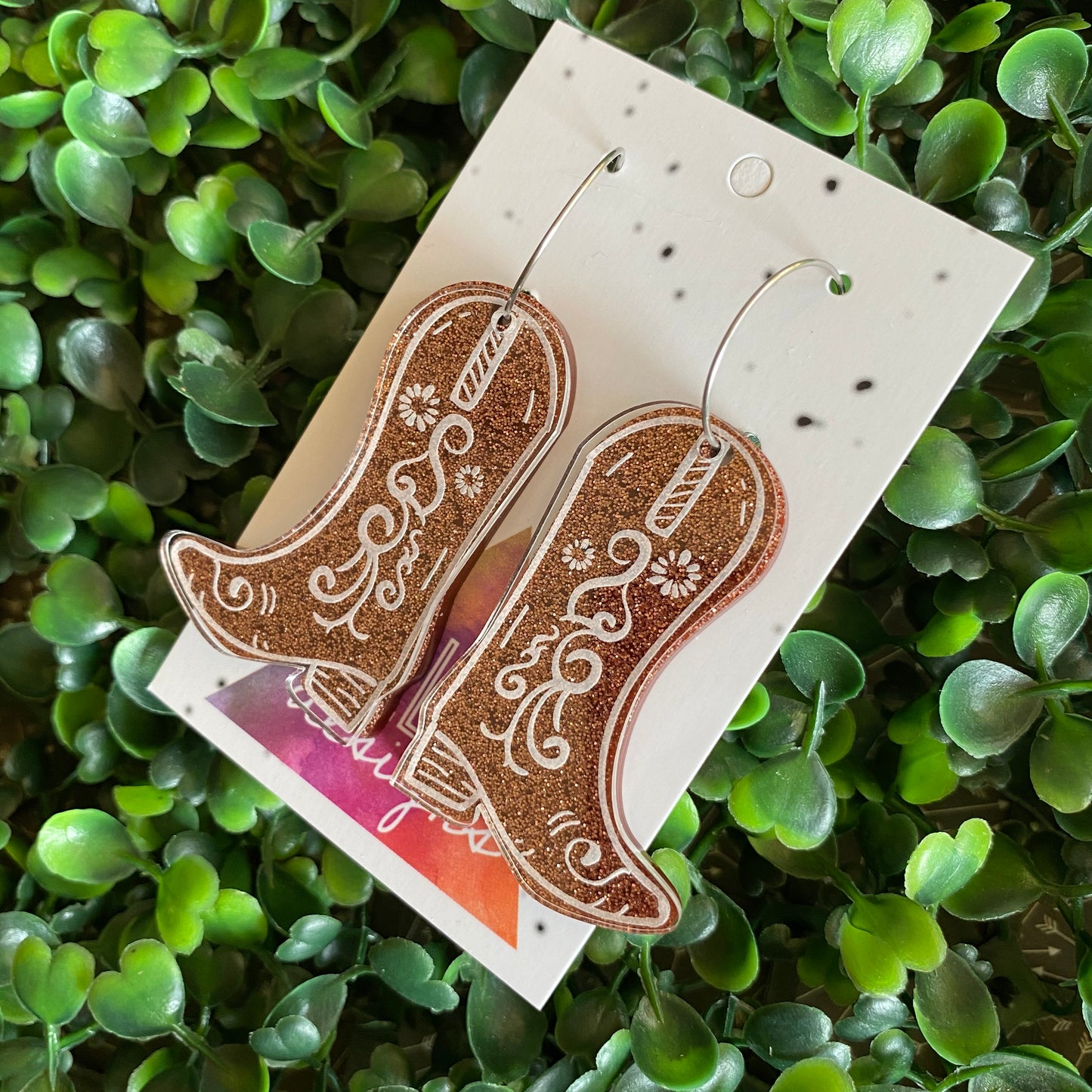 Cowboy Boot Earrings. Acrylic Cowboy Boot Statement Hoop Earrings. Featuring a Reversible Brown to Copper Glitter Piece.