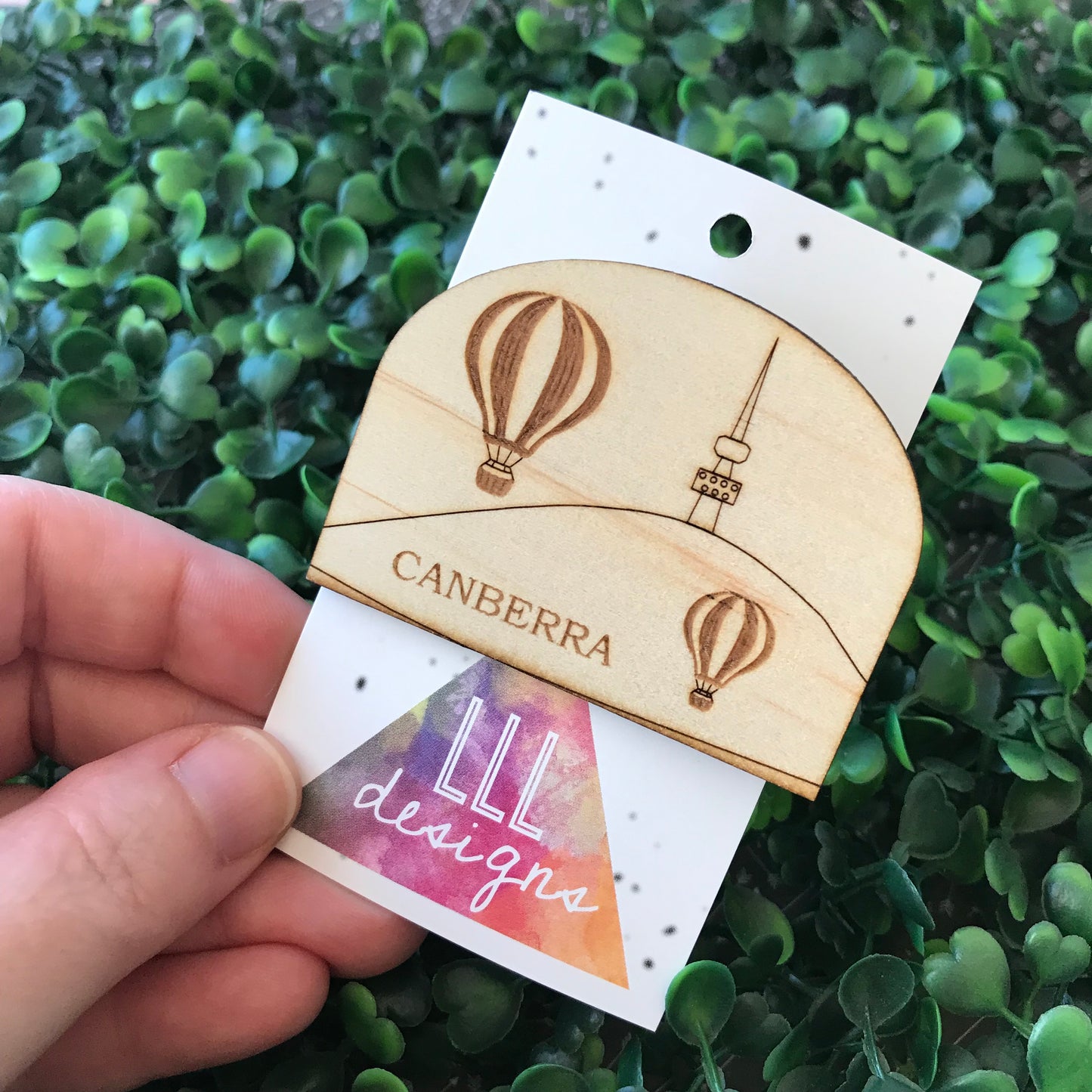 Canberra Black Mountain - Hot Air Balloon Timber Brooch. Telstra Tower Brooch.