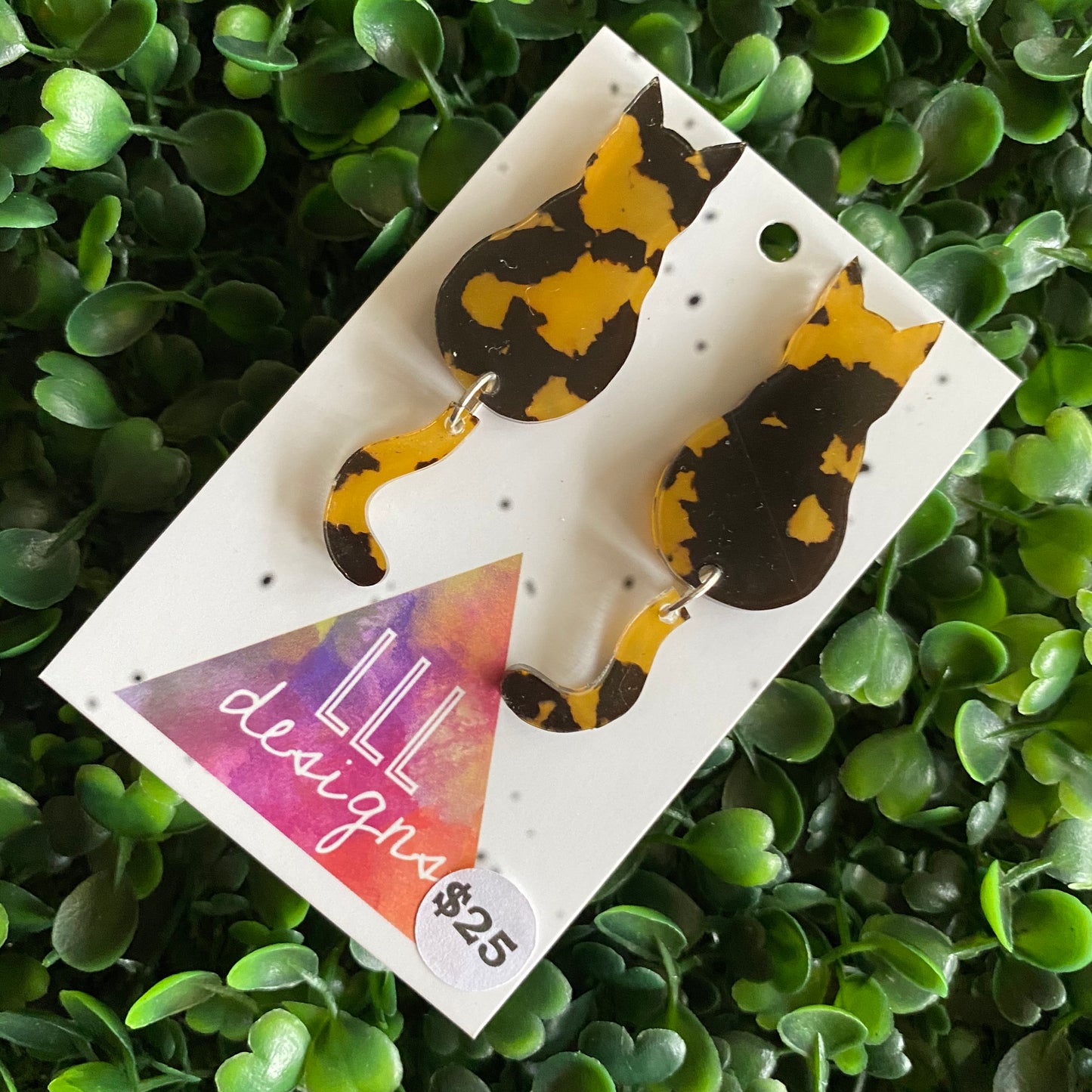 Tortoise Shell Cat Earrings - Sitting Pretty Kitty Earrings with Dangle Tails (large)