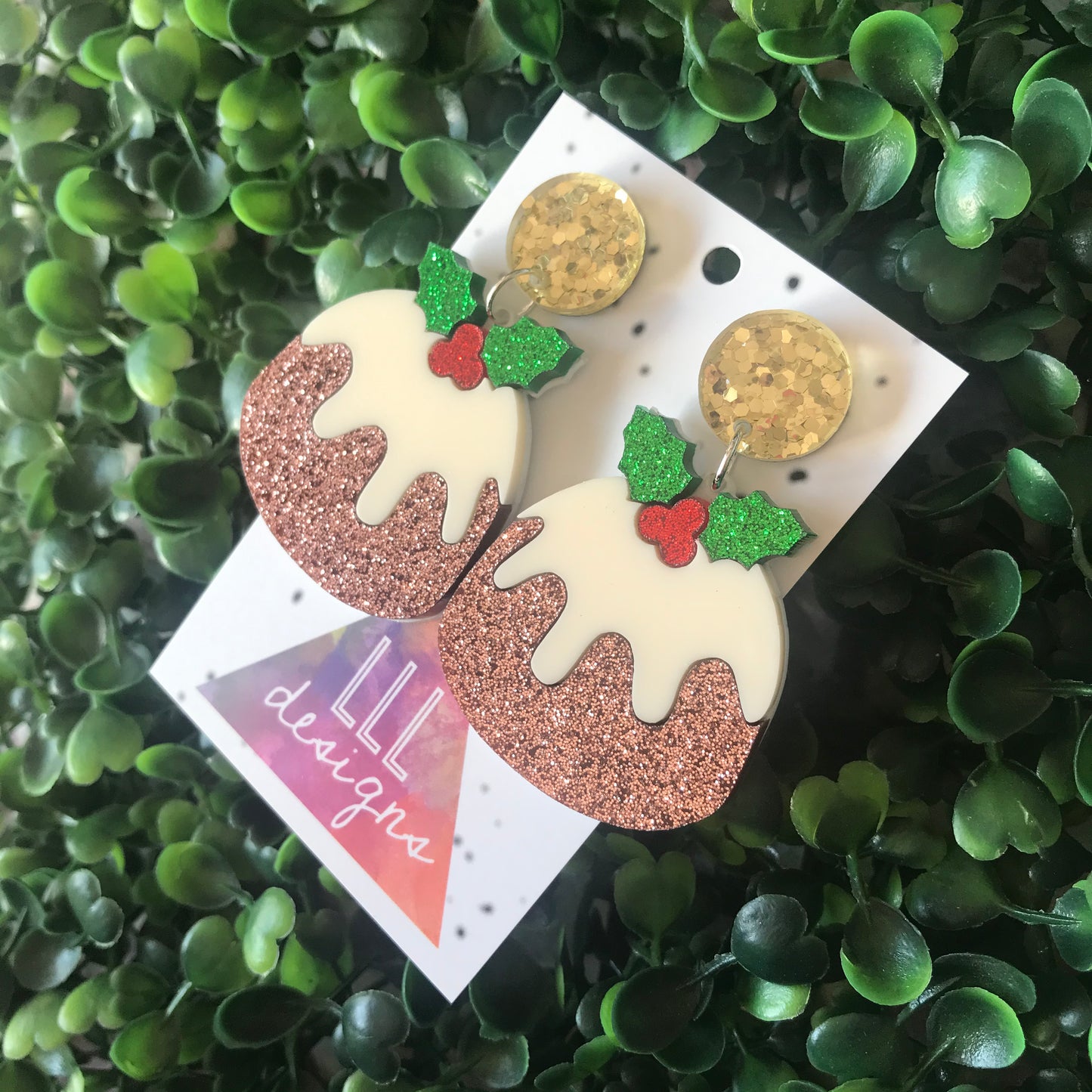 Christmas Pudding Dangle Earrings - Featuring Dazzling Metallic Gold Tops.