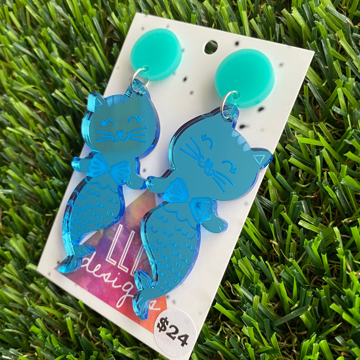 Magical Mirror Blue Purmaid Dangle Earrings - Mermaid Kitty Cats