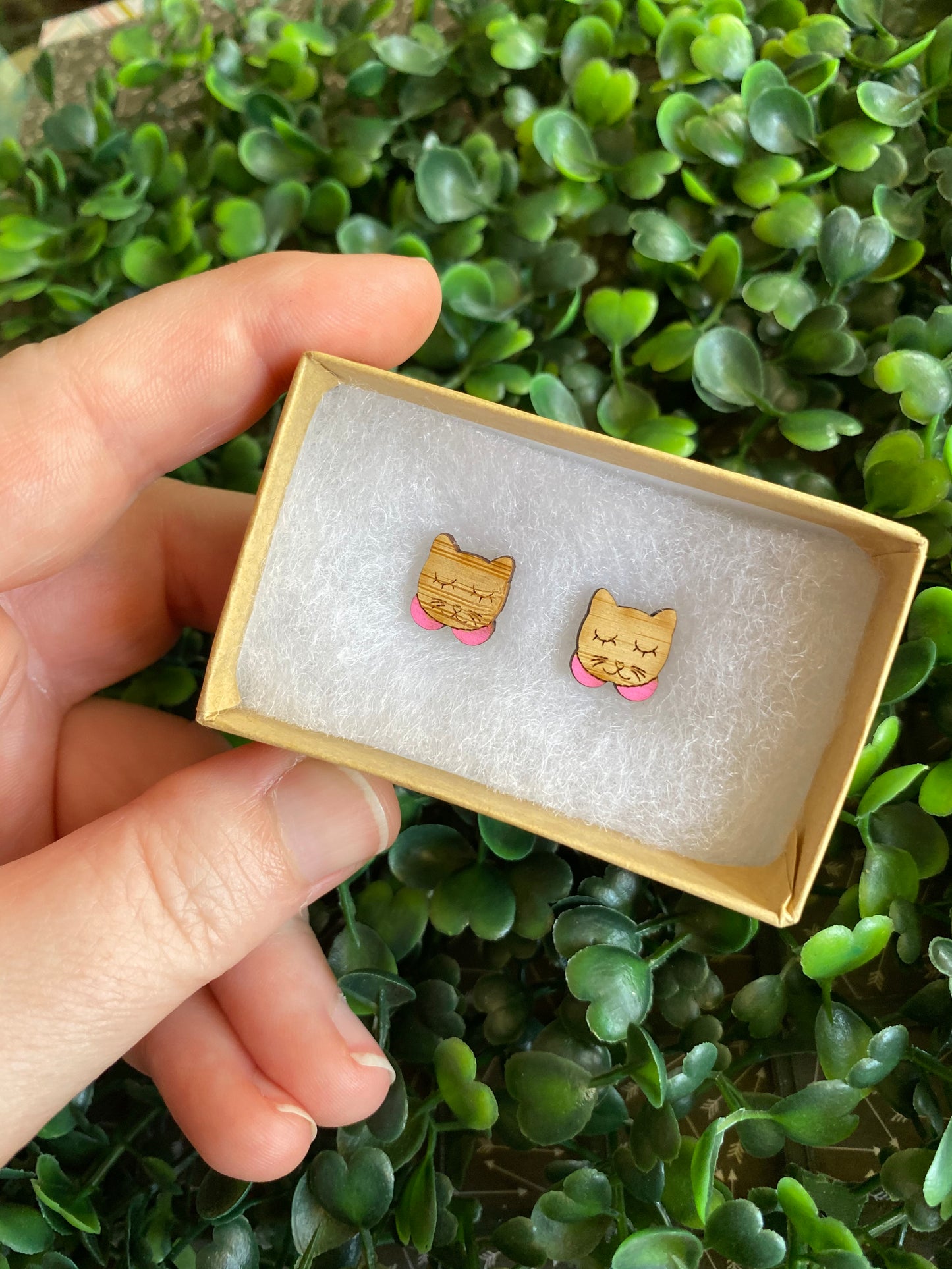 Sleepy Kitty Earrings - Detailed Hand Painted Bamboo Earrings - Available in 2 Stunning Colours.