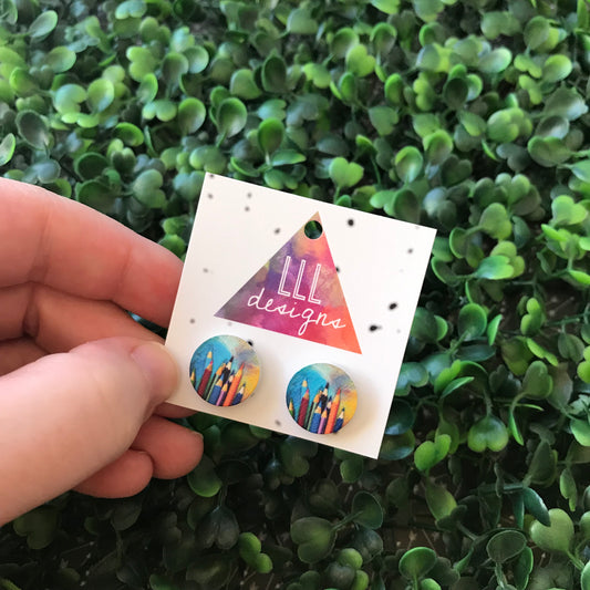 Colouring Pencil Printed Timber Stud Earrings. Teacher Earrings.