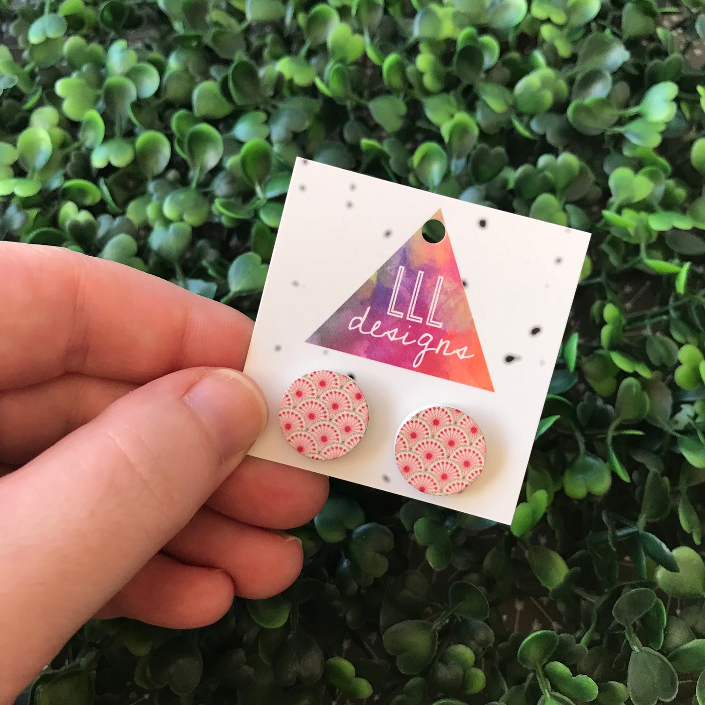 Pink Fan Geometric Printed Timber Stud Earrings.
