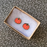 Hand Painted Pumpkin Stud Earrings. Bamboo Earrings.