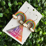 Rainbow Earrings. Hand Painted Timber Rainbow Hoop Earrings. (Cute Style/Pink)