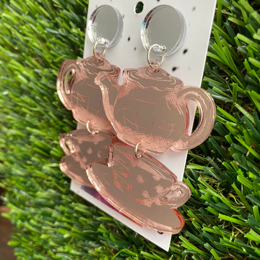 Tea for Two - Rose Gold Mirror Statement Dangle Earrings