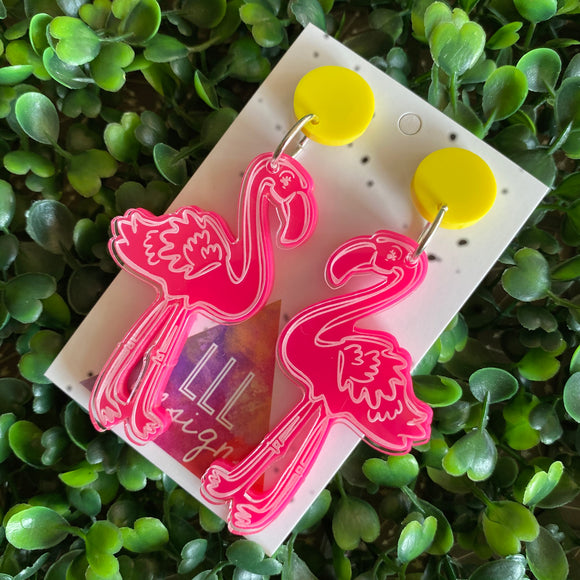 Fancy Flamingo Statement Dangle Earrings. 2 Layers of Acrylic Fabulousness - Neon Pink with Yellow Tops.