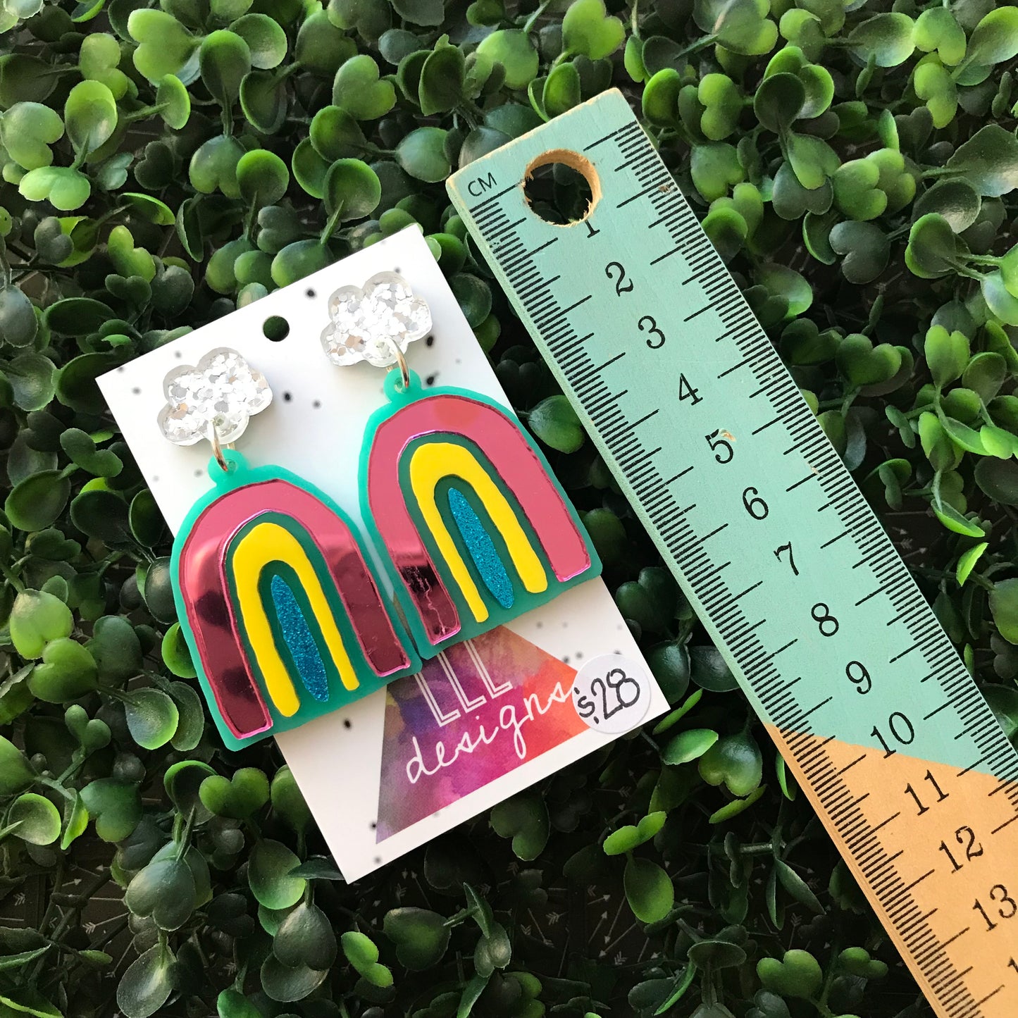 Rainbow Dangle Earrings - Colourful Wonky Acrylic Rainbow Earrings, finished with Glitzy Silver Cloud Tops.