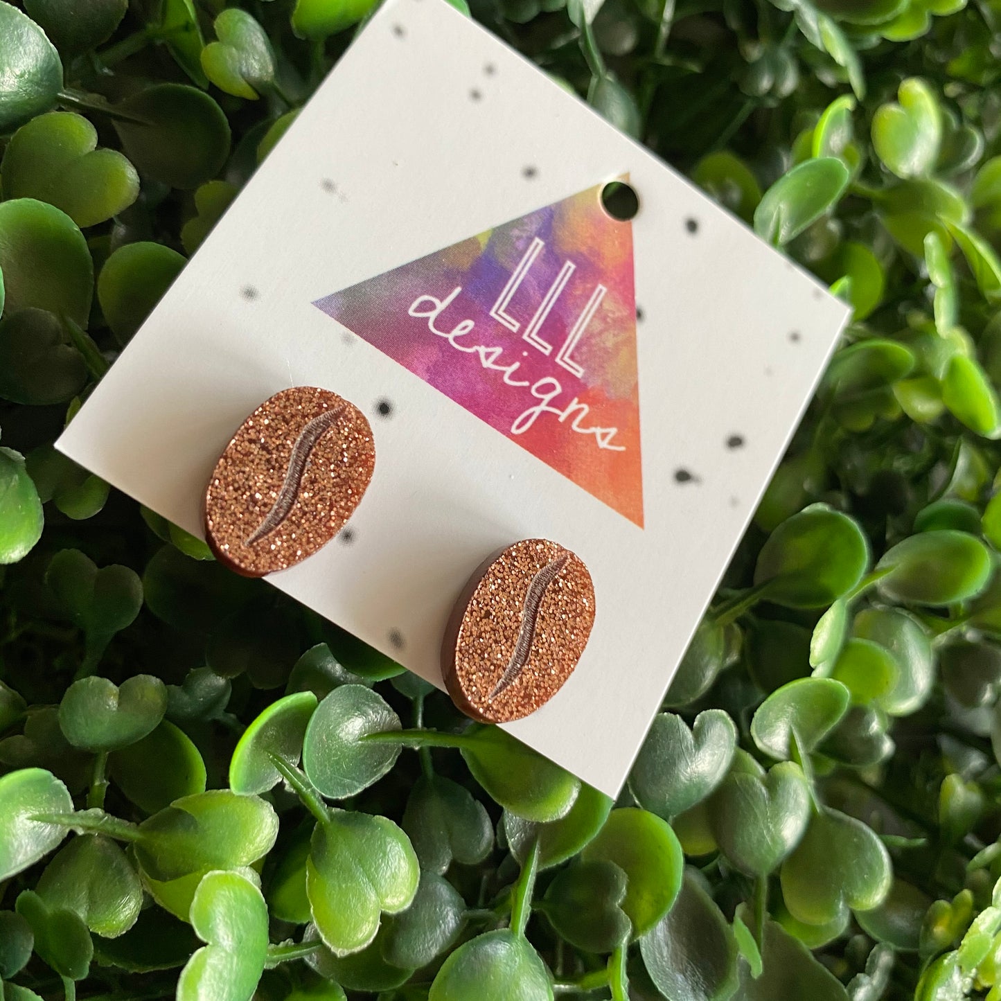 Coffee Bean Stud Earrings. Super Cute Glitter Copper Coffee Bean Stud Earrings With Etched Detail.