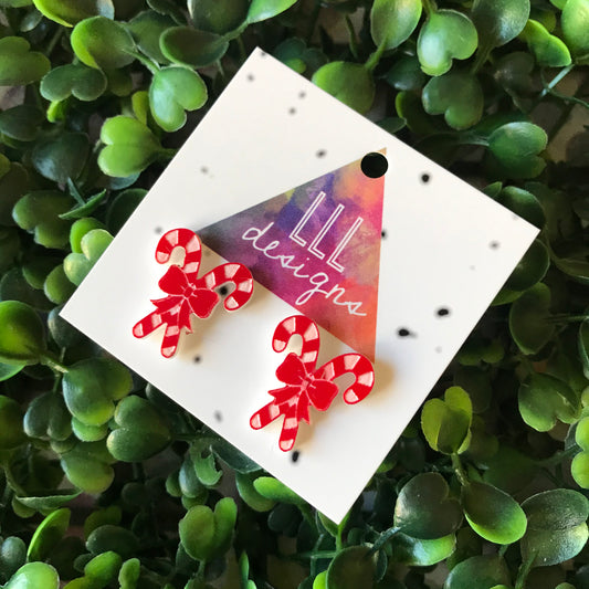 Candy Cane Red and White Stud Earrings with Bow.