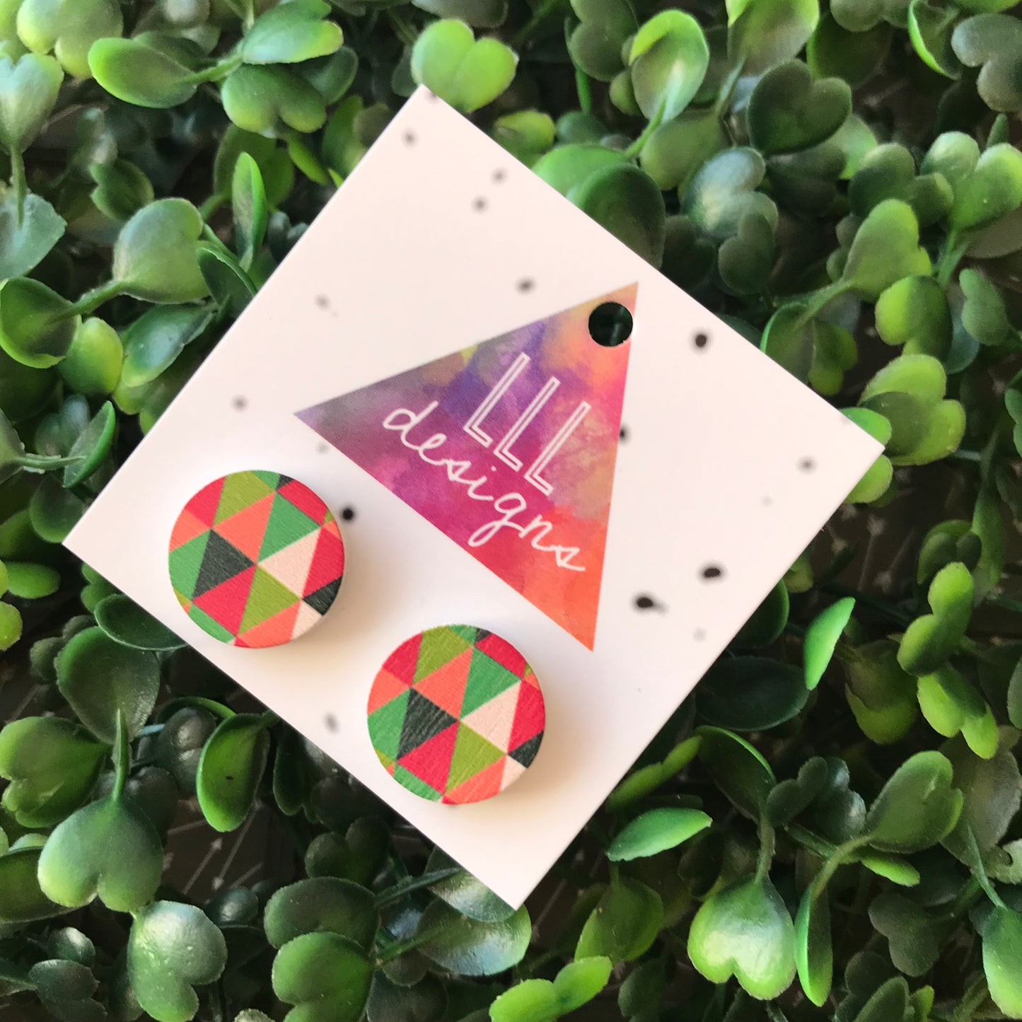 Multi Coloured Geometric Printed Timber Stud Earrings.