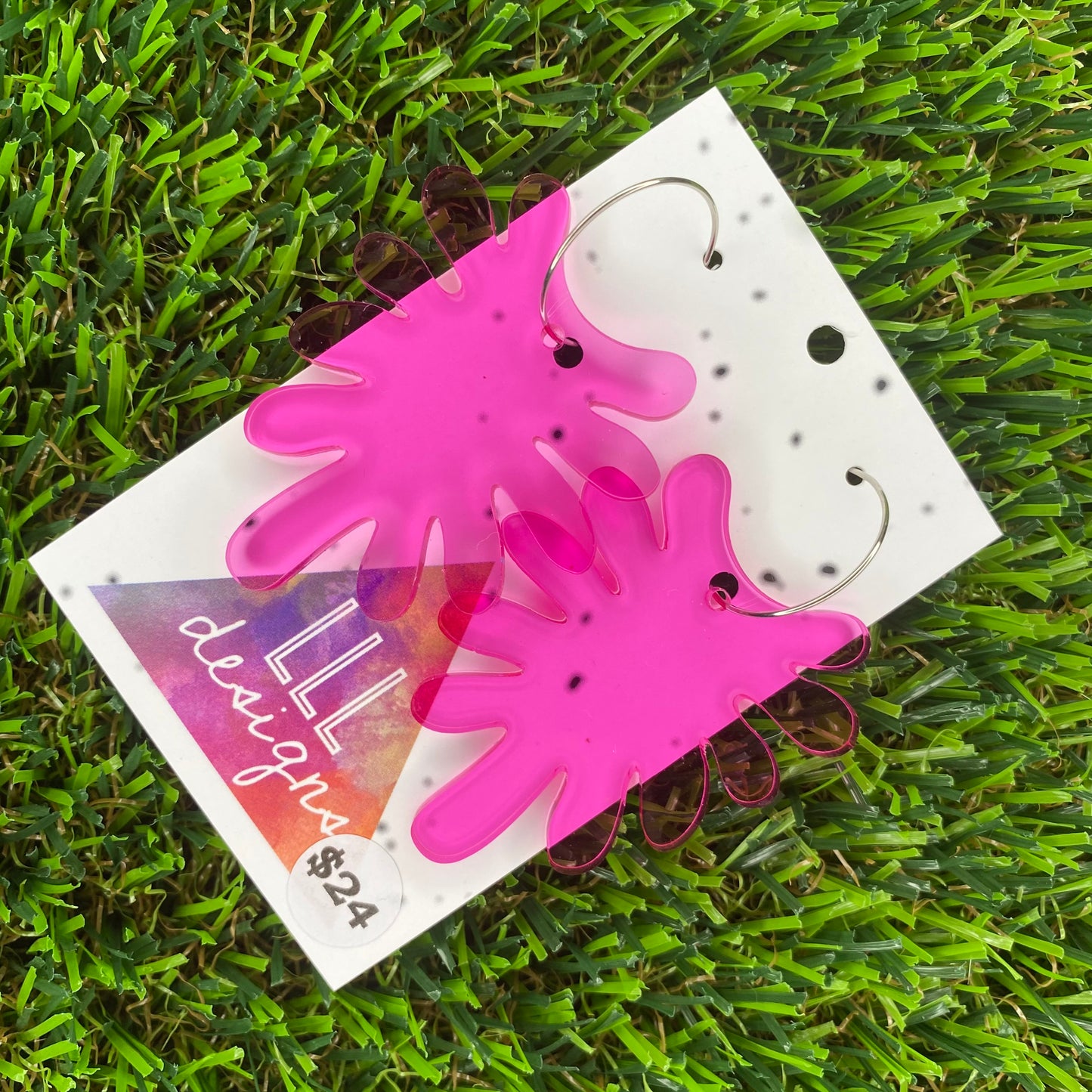 Hot Pink Translucent Splatter Hoop Earrings.