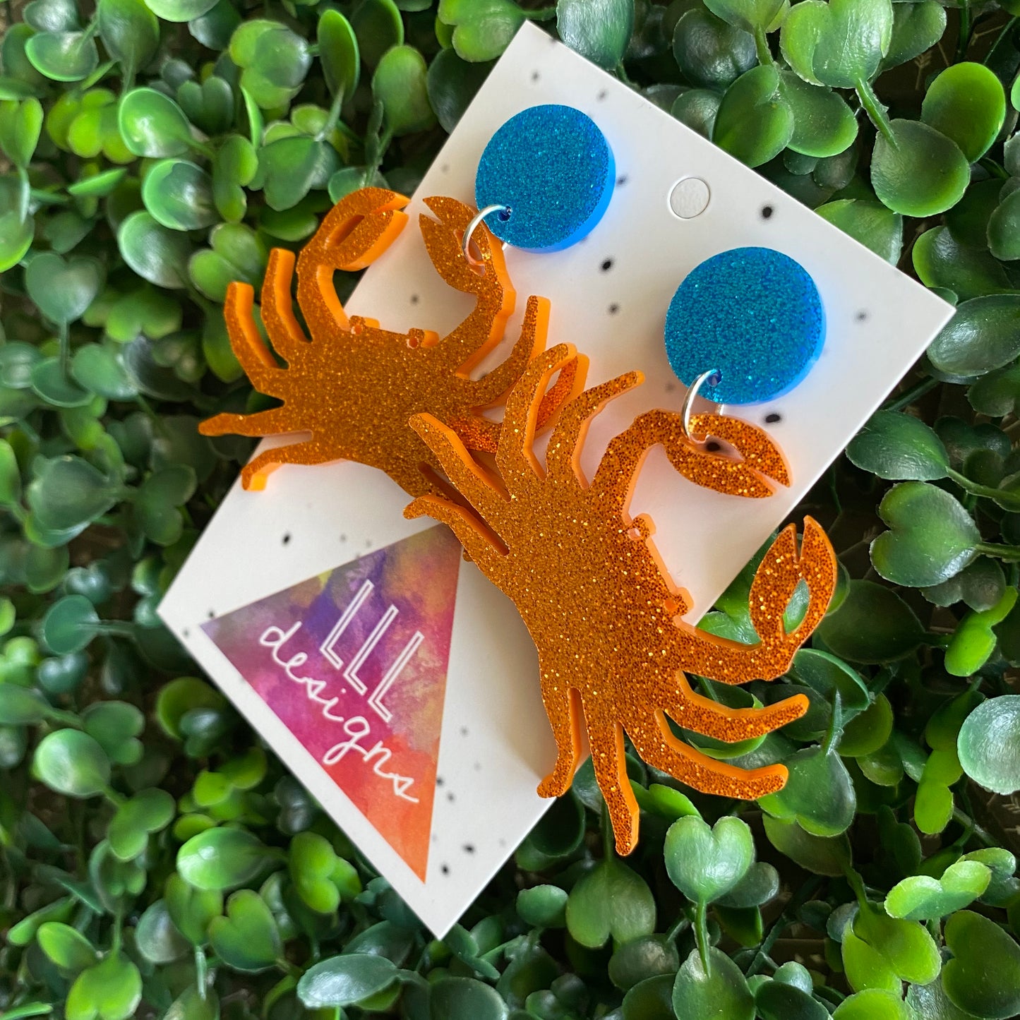 Crab Earrings. Glitter Orange Crab Statement Dangle Earrings.