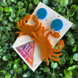 Crab Earrings. Glitter Orange Crab Statement Dangle Earrings.