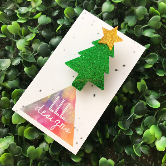 Glitter Green Christmas Tree Brooch with Gold Star Topper.