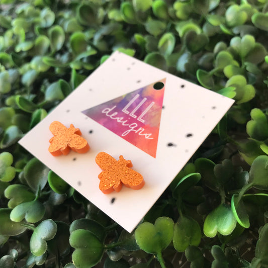 Glitter Orange Bee Stud Earrings. Just BEE You!