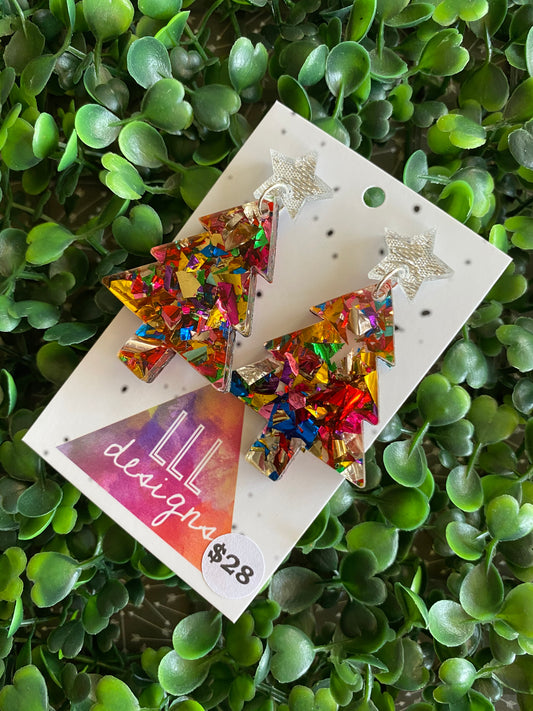 Rainbow Metallic Glitz Christmas Tree Statement Dangle Earrings with Silver Glitz Star Tops. #festiveaf