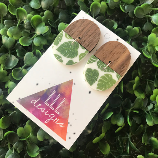 Walnut and Monstera Dangle Earrings. Timber and Acrylic Earrings.