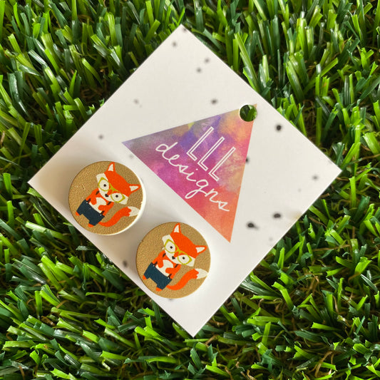 Super Cute Cartoon Hipster Fox Printed Timber Stud Earrings.