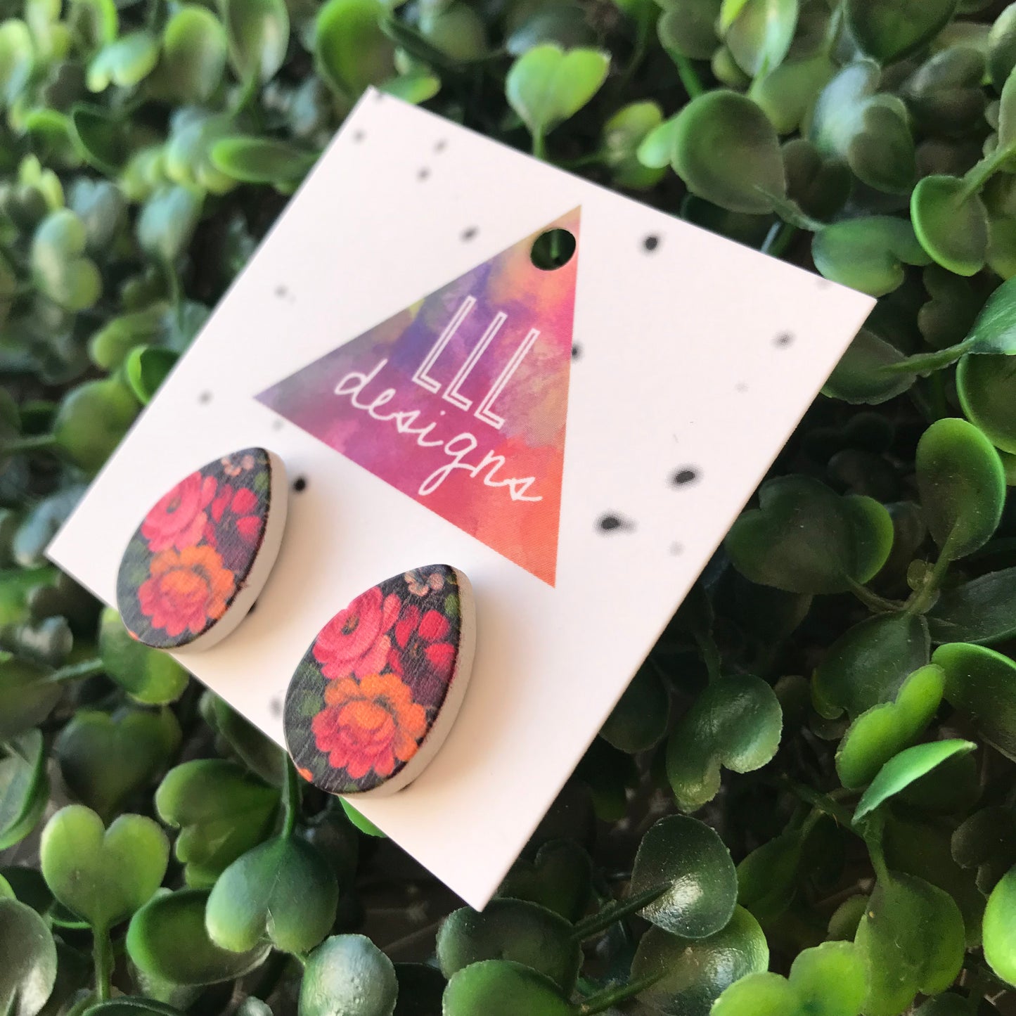 Stunning Floral Printed Timber Teardrop Stud Earrings.
