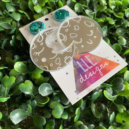 Moon Earring. Dreamy Sleepy Mirror Moon Dangle Earrings in Silver with Stunning Aqua Confetti Acrylic Tops.