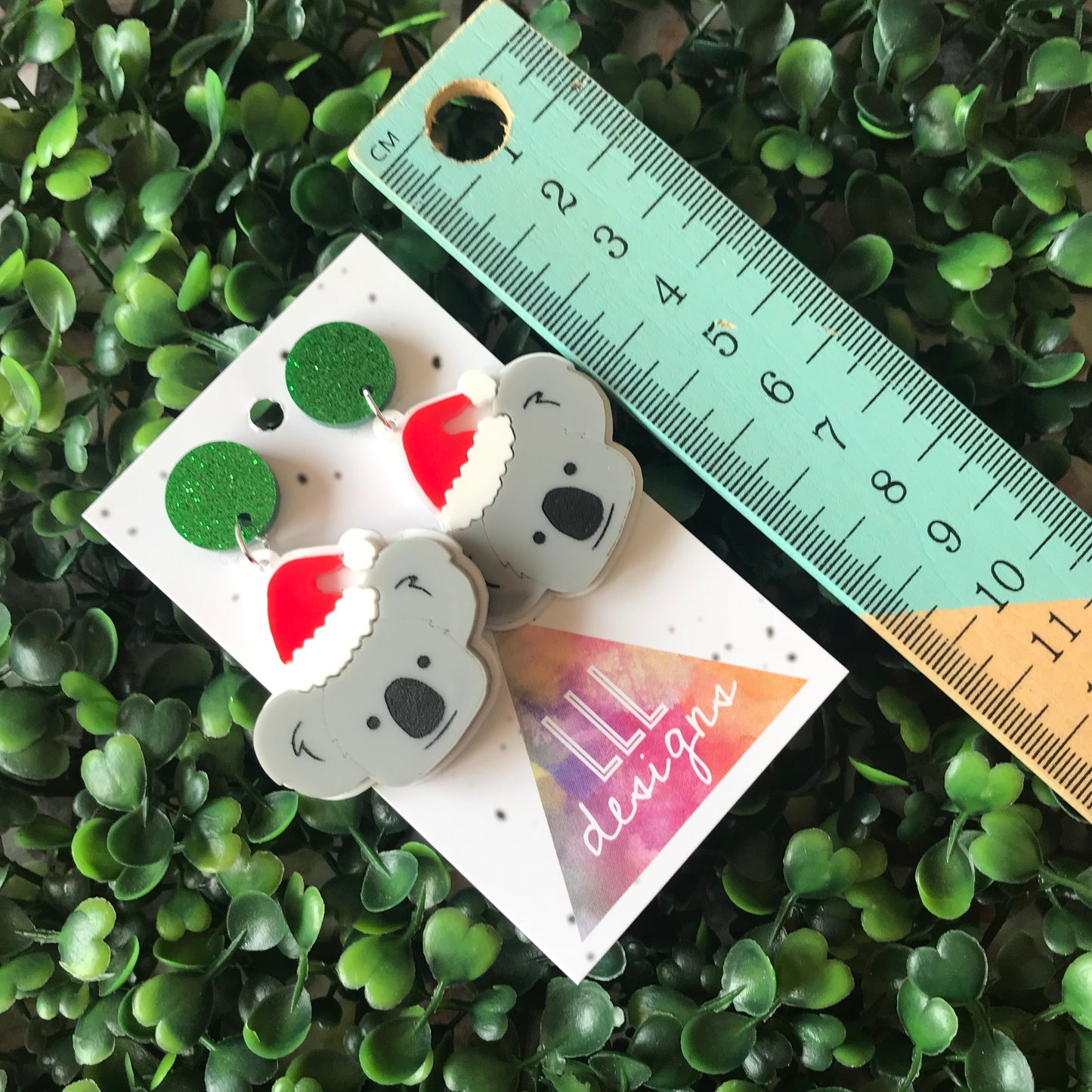 Australian Christmas Koala Dangle Earrings - Detailed Layered Acrylic Koala Santa Dangle Earrings.