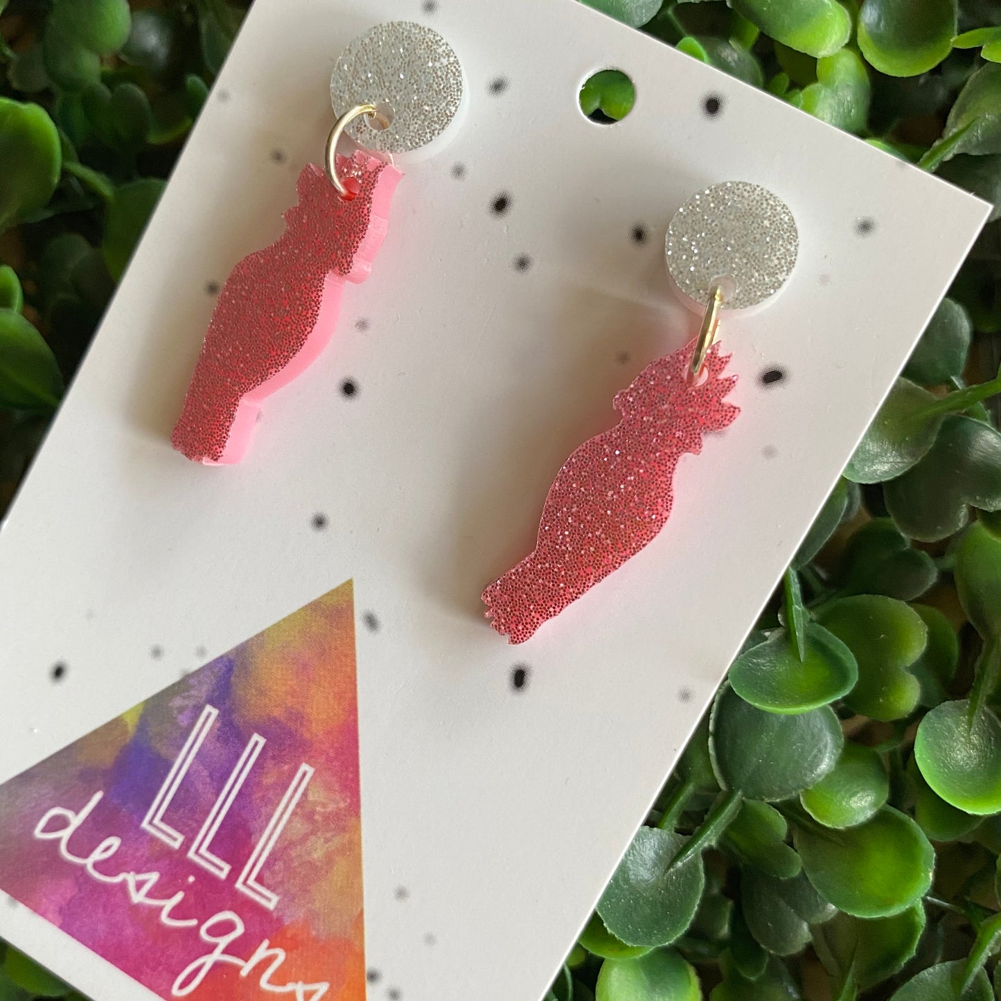 Glitter Galah Dangle Earrings. (mini size) Australian Earrings.