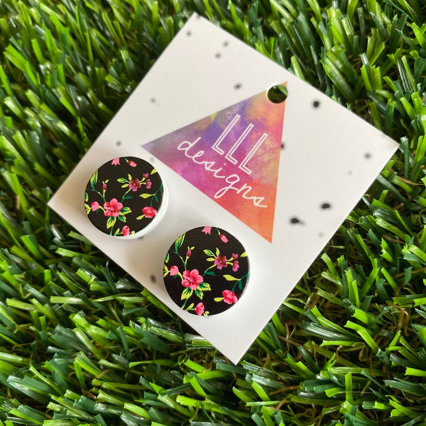 Pretty Pink Floral Printed Timber Stud Earrings (dark backgound).