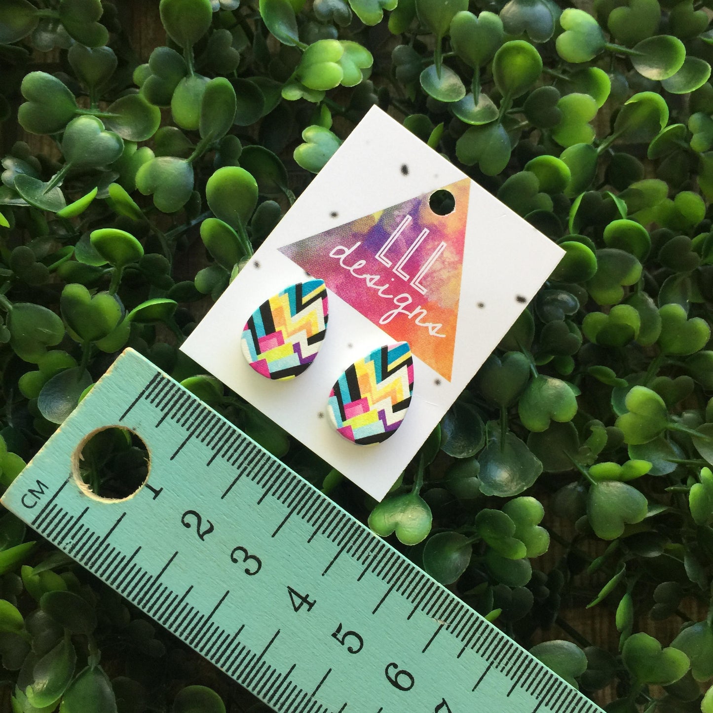 Printed Timber Geometric Tear Drop Studs/Earrings. Geo love. Geo studs. Geo Earrings. Surgical Steel. Handmade in Canberra, Australia.