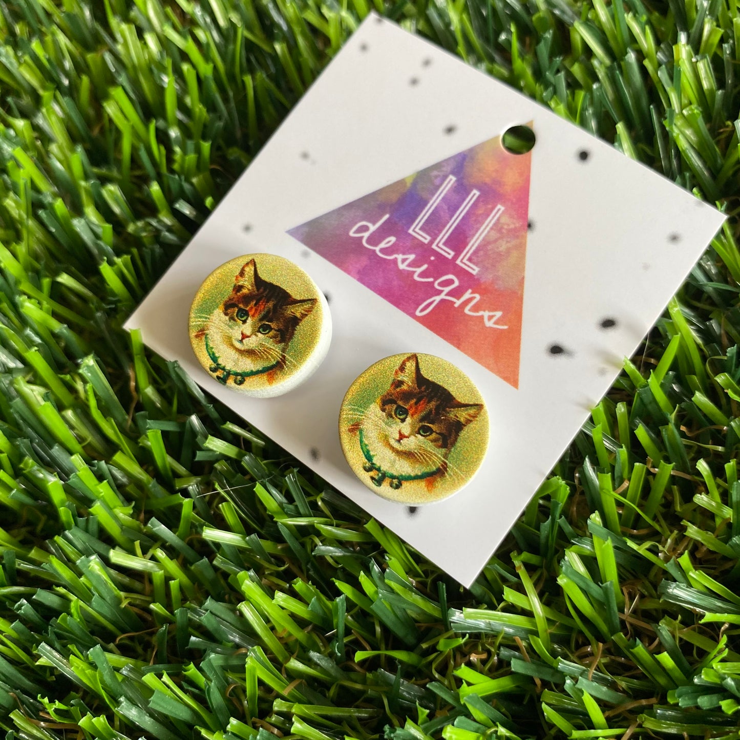 Pretty Kitty Printed Timber Stud Earrings.