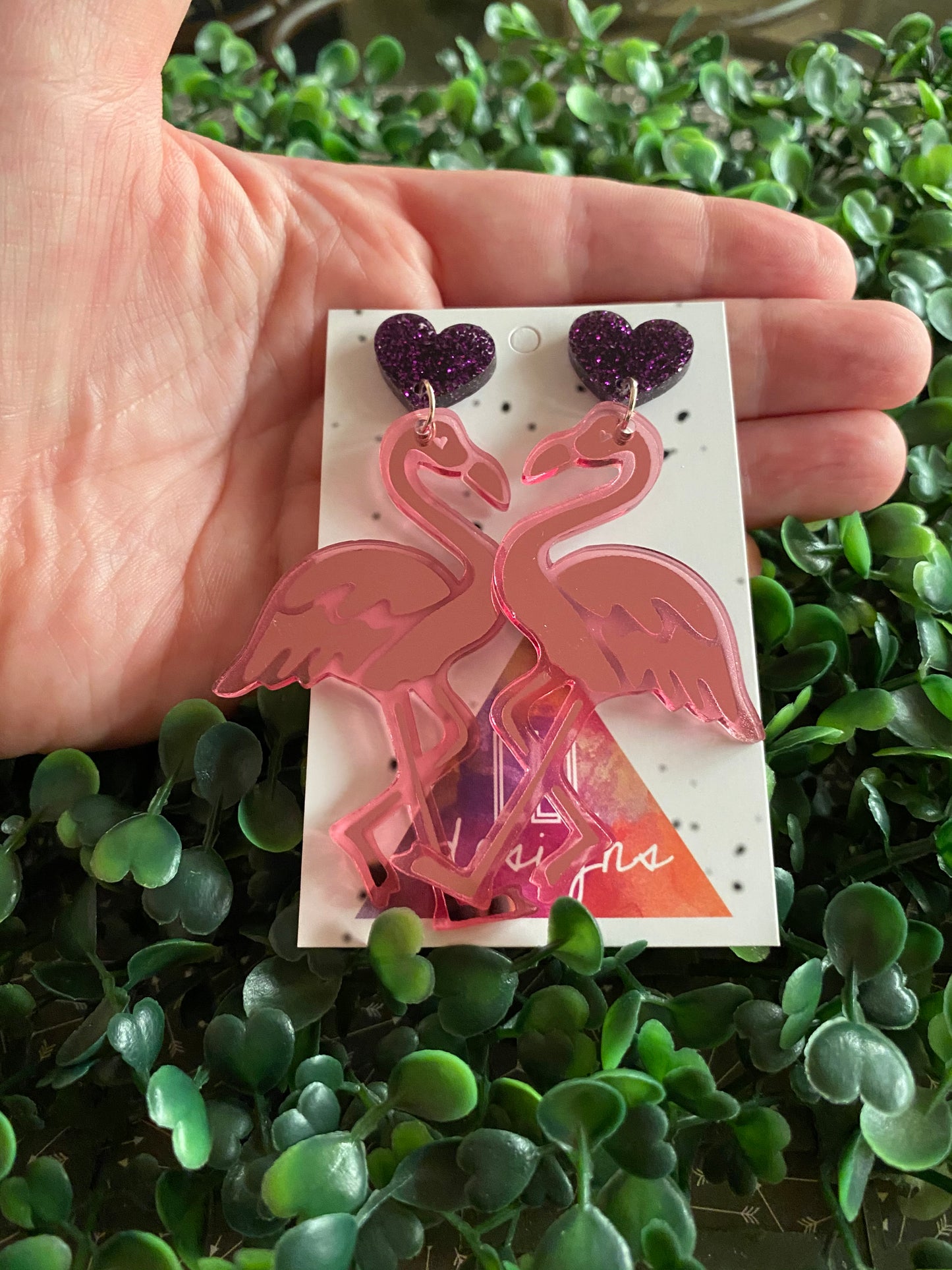 Flamingo Lover Duo Statement Dangle Statement Earrings. Featuring Purple Glitter Heart Tops.